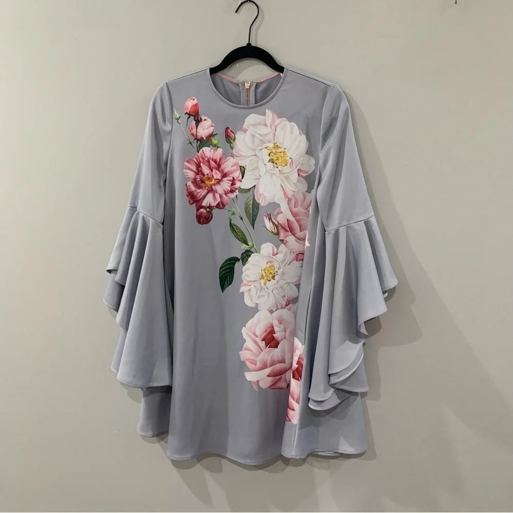 ✅ Ted Baker Dress Sayda Cascading Sleeve Shift Mini in Iguazu Silver